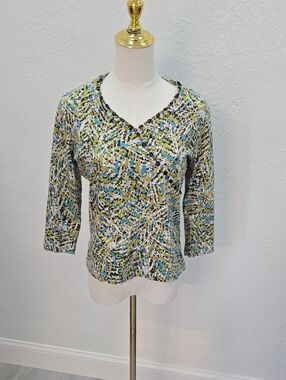 Lara Lane Petite V-Neck Abstract Print Top - Blue, Green, White